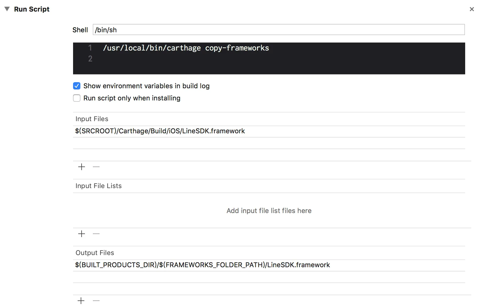 Run script section expanded to show Shell, Input Files, Input File Lists, and Output Files.