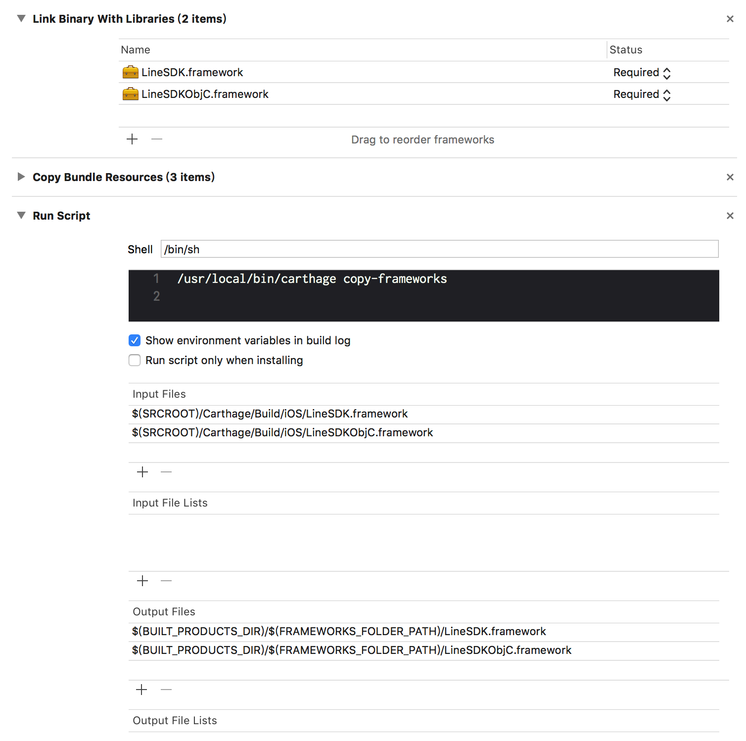 iOS SDK Swift ObjC Link Build Phases tab, showing the Link Binary with Libraries, Copy Bundle Resources, and Run Script sub tabs.
