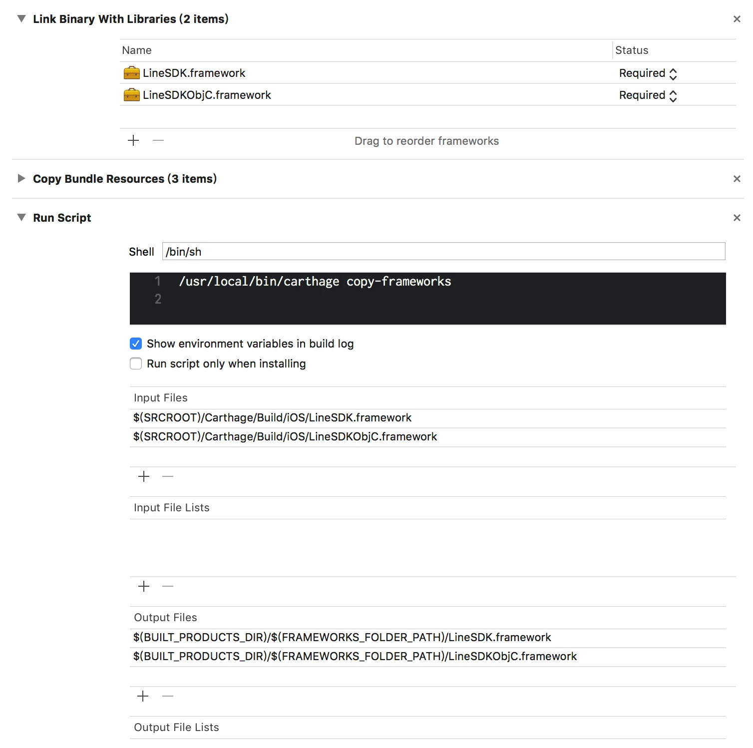 iOS SDK Swift ObjC Link Build Phases tab, showing the Link Binary with Libraries, Copy Bundle Resources, and Run Script sub tabs.