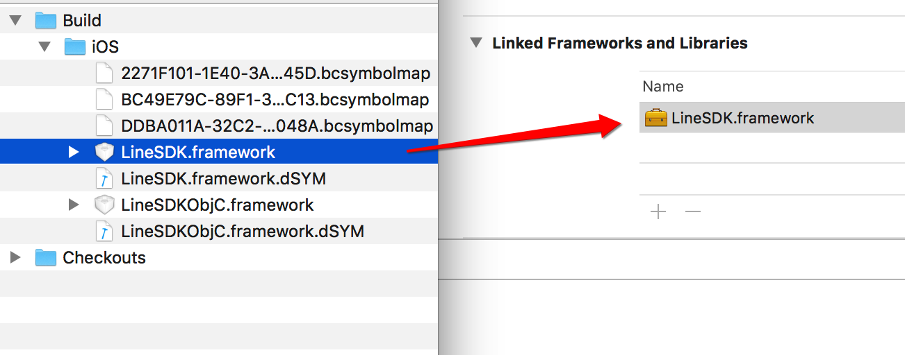 LINE SDK Framework ファイルが、Finder からアプリターゲットのLinked Frameworks and Libraries セクションに移動されています。