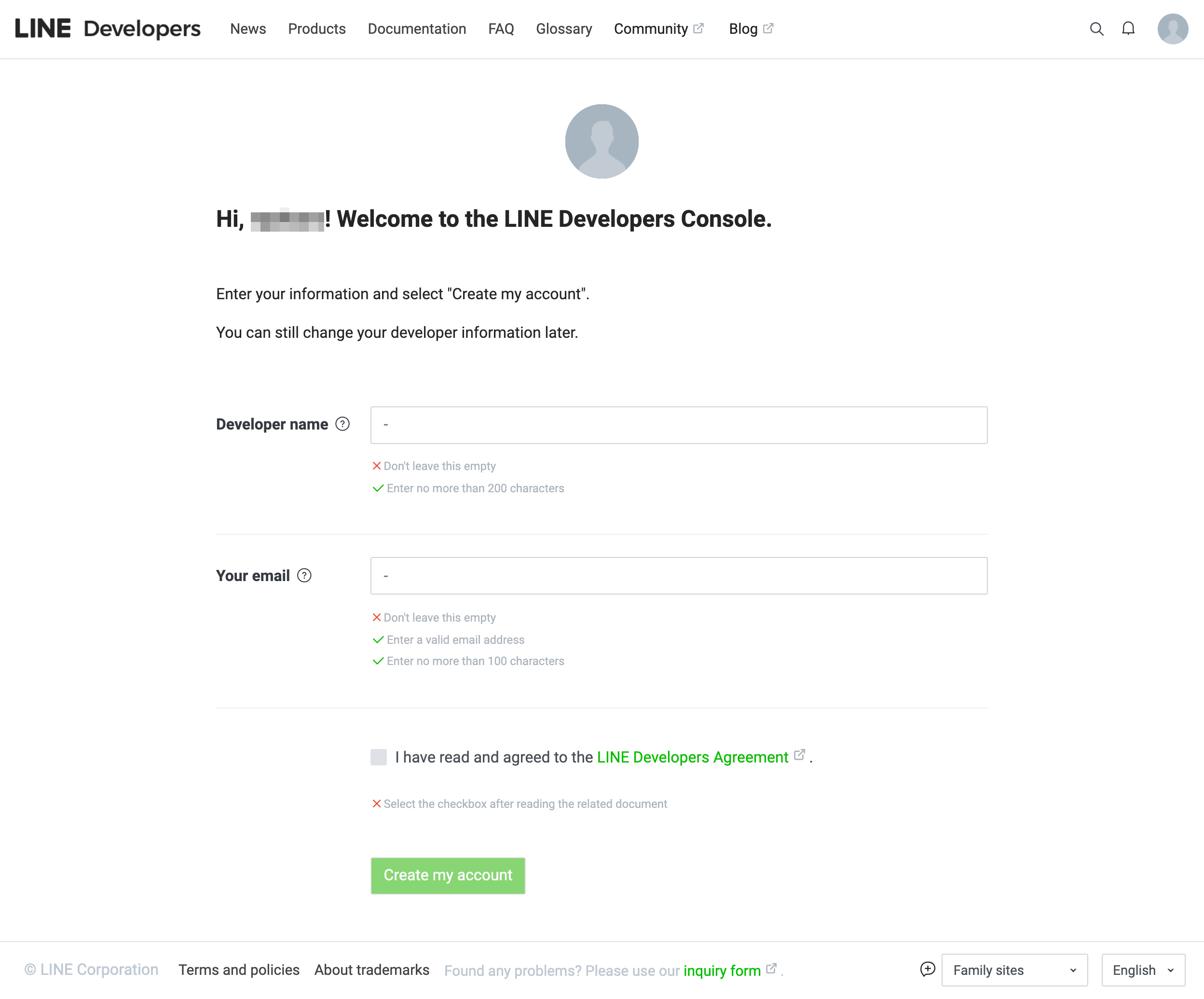 Developer account creation screen