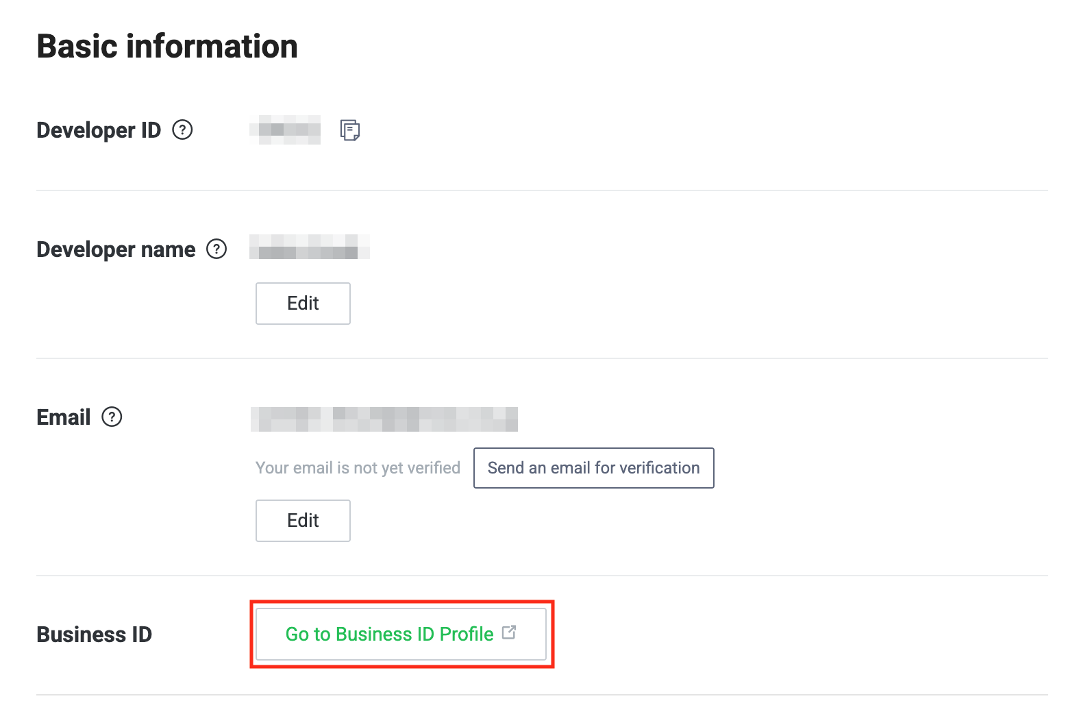 Click the Go to Business ID profile
