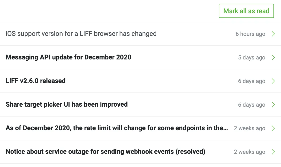 The dropdown menu of the notification center of the LINE Developers Console