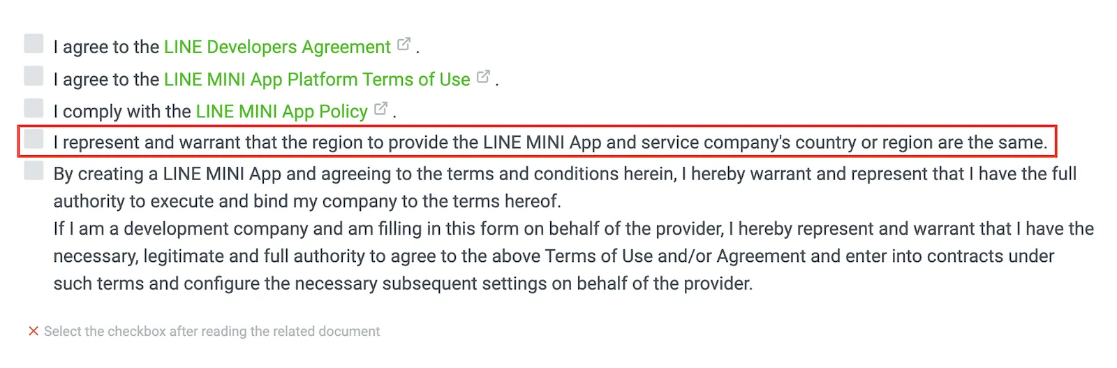 I represent and warrant that the region to provide the LINE MINI App and service company's country or region are the same.