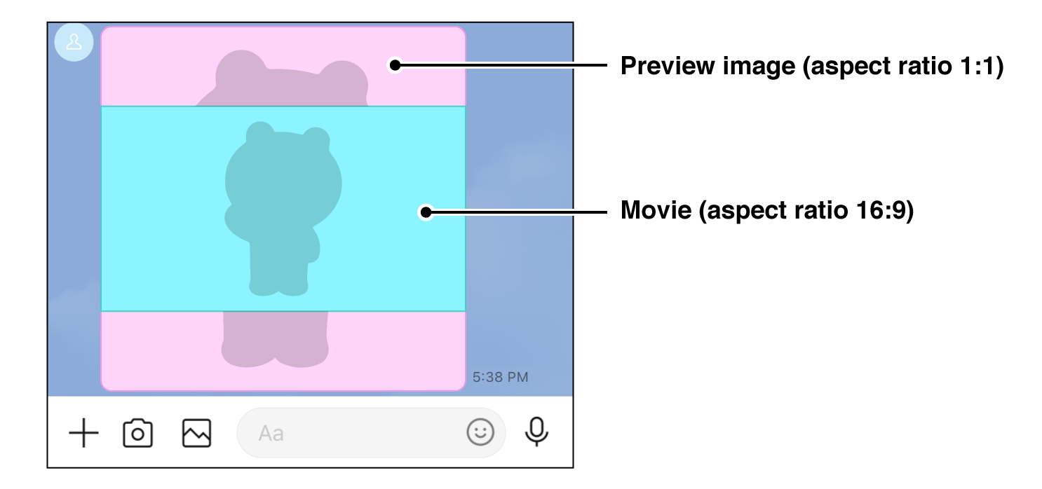 A video in a LINE chat room. A preview image with a 1:1 aspect ratio is displayed behind the video that has an aspect ratio of 16:9.