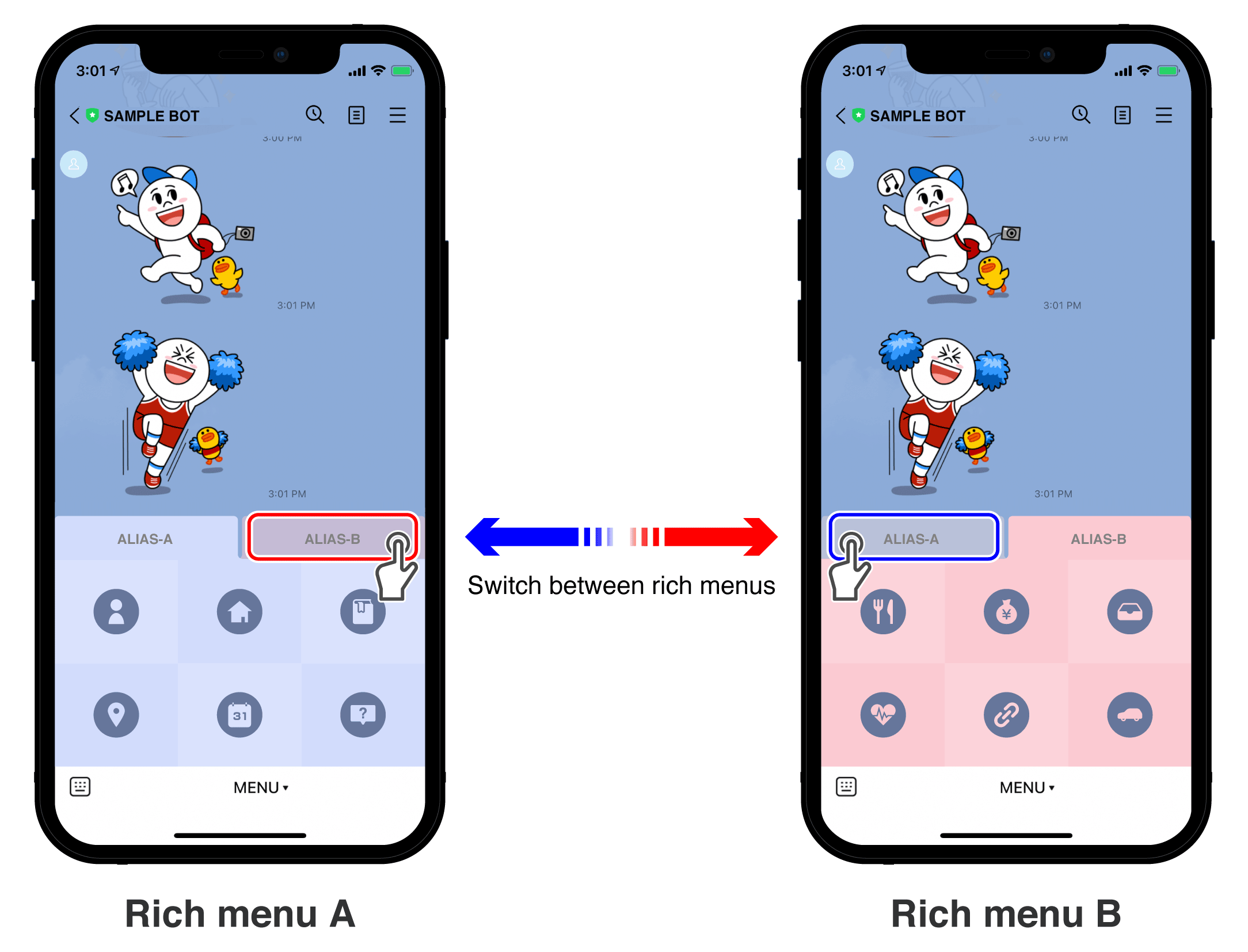Rich menu aliases make it easy to switch between multiple rich menus like switching tabs.