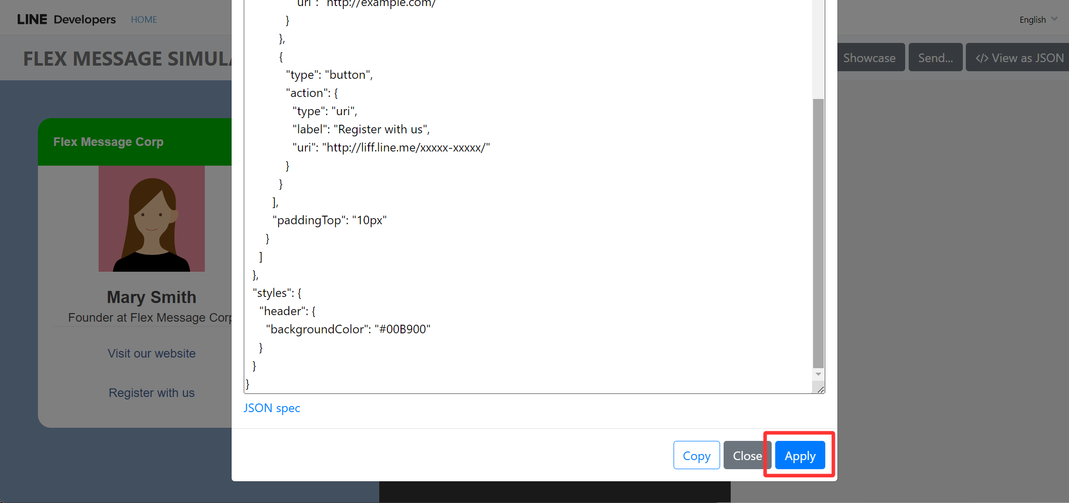 Preview Flex Message created from sample JSON data