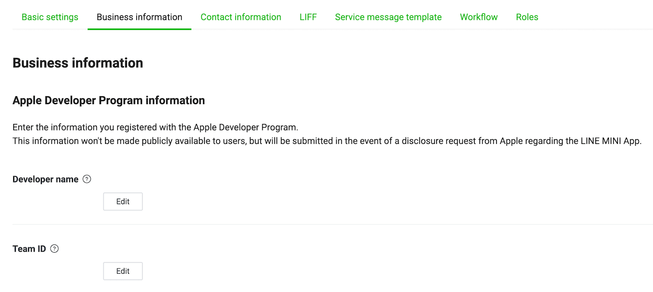 Input fields for Apple Developer Program information