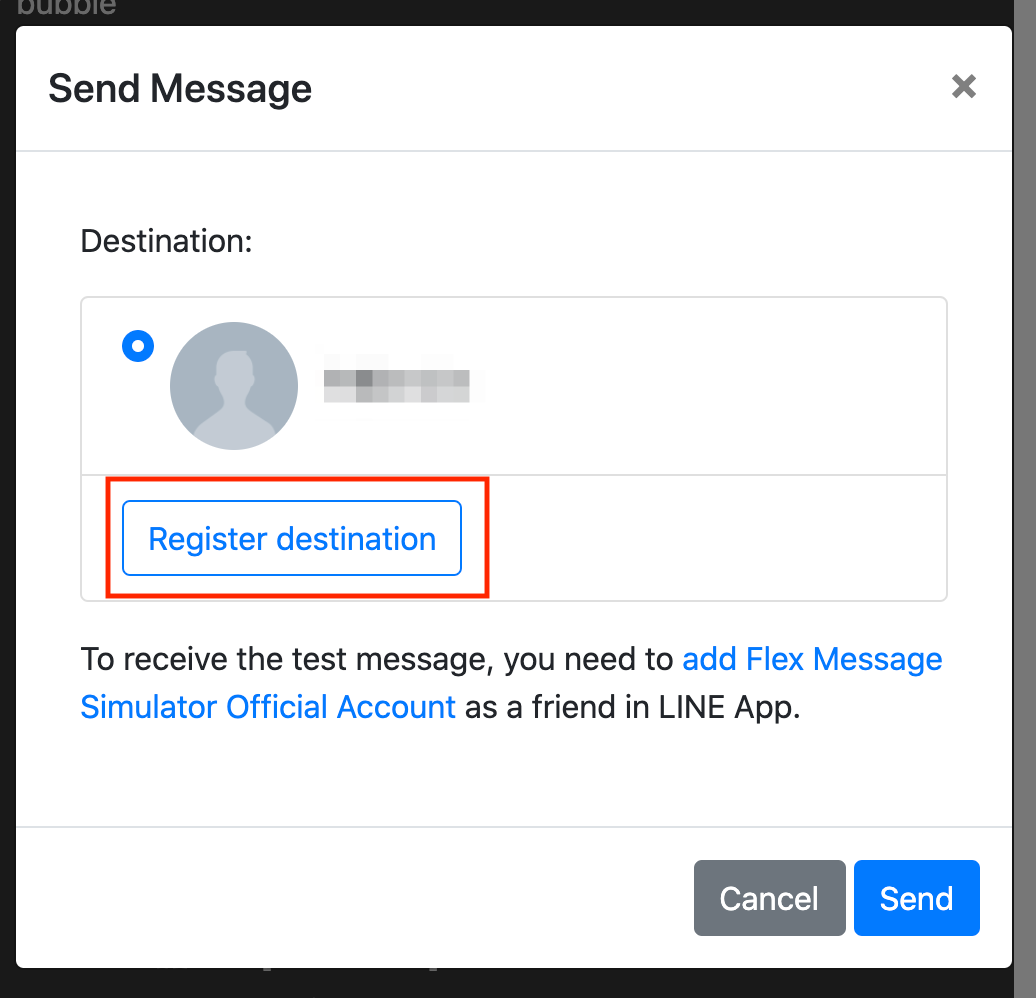 Popup showing the register destination button