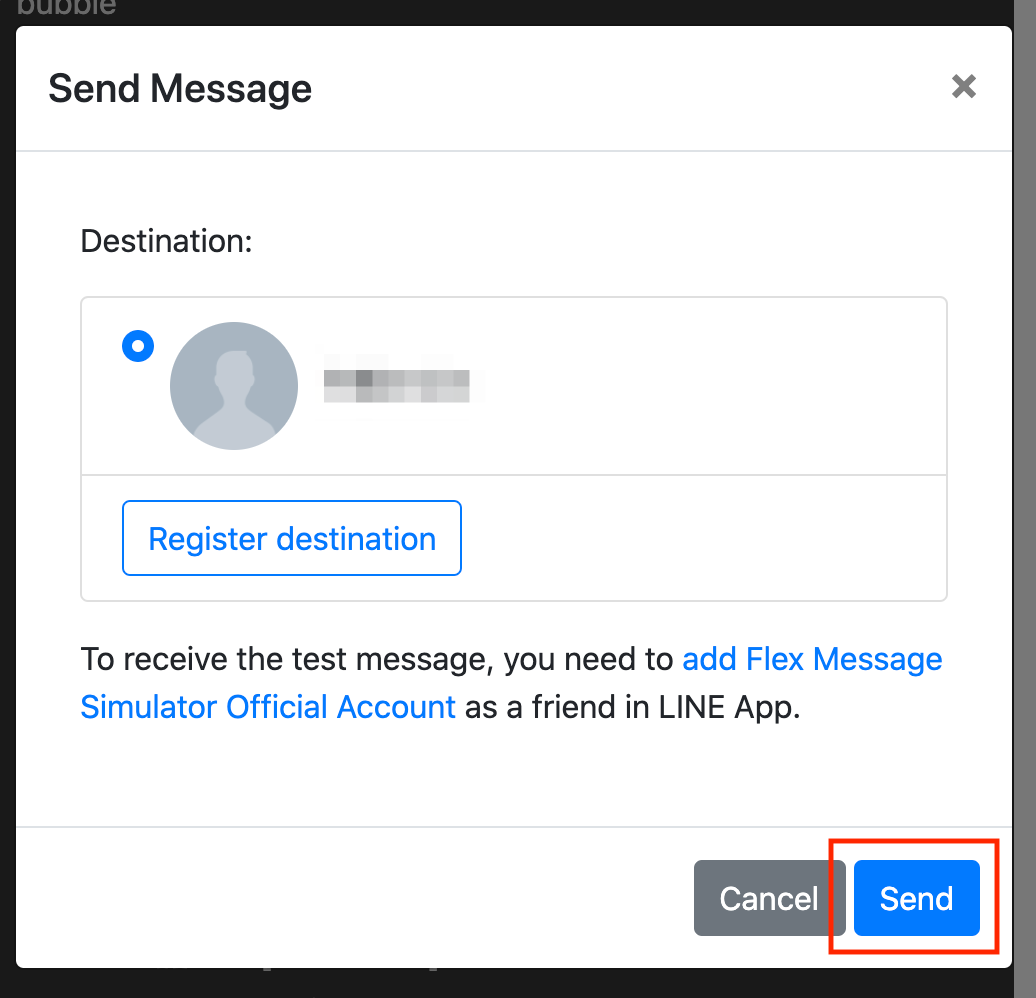 Popup showing the destination and a send button