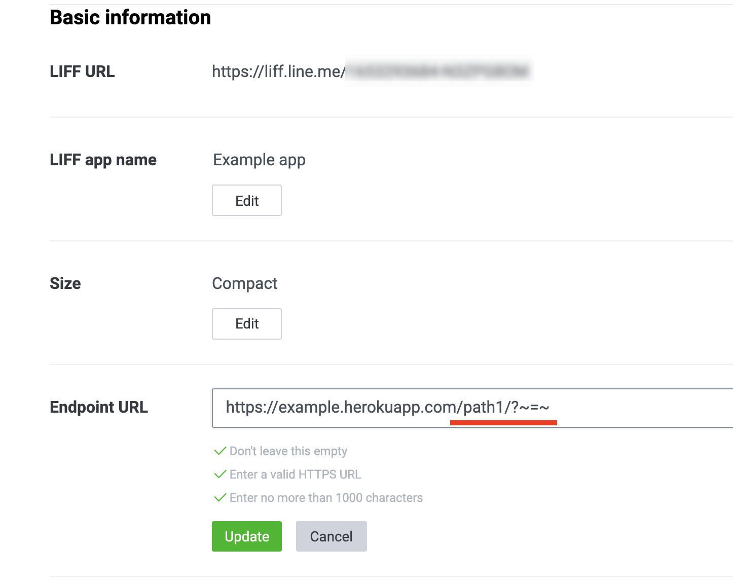 LIFF URL with paths appended in the LINE Developers Console