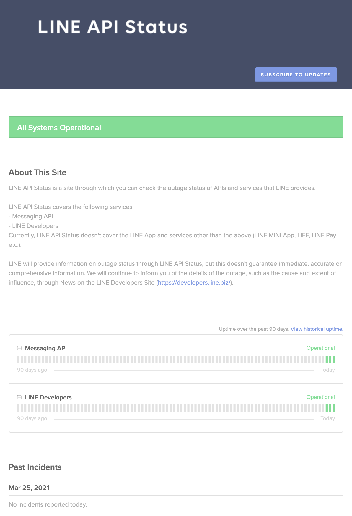 LINE API Status page that shows past incidents and Messaging API and LINE Developers system operations.