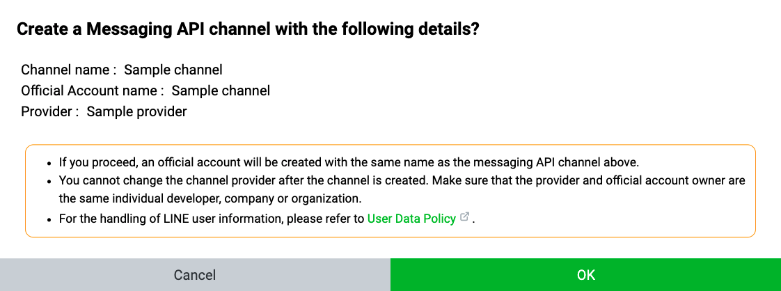 Pop-up showing names of the channel, Official Account, and the provider