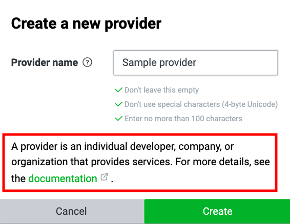 Pop-up to create a new provider with the definition of a provider