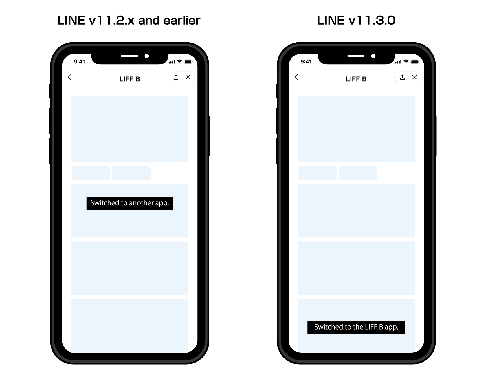 In LINE v11.2.x and earlier, the toast message is displayed in the center of the screen. In LINE v11.3.0, the toast message is displayed at the bottom of the screen.