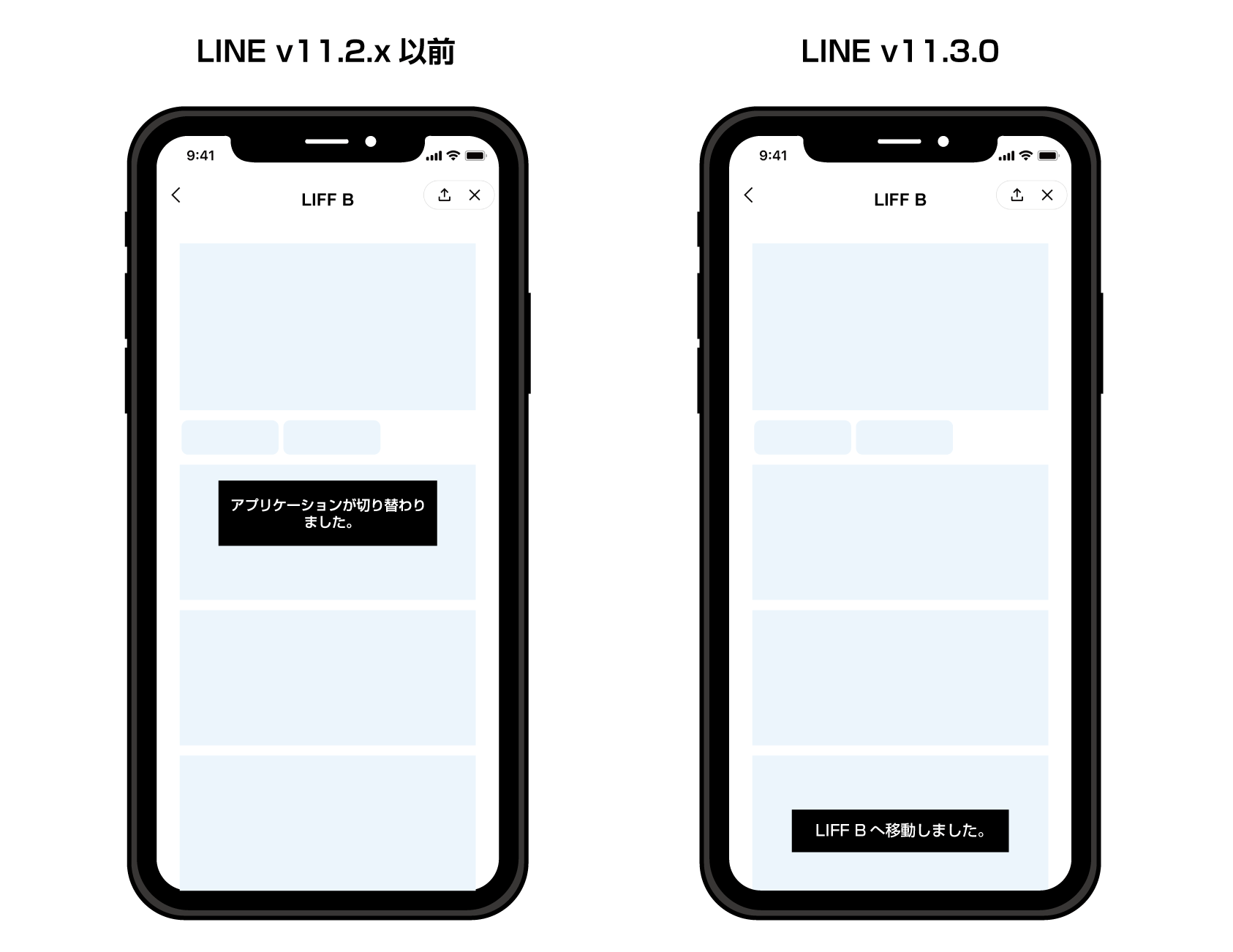 LINE v11.2.x以前のバージョンでは、トーストメッセージが画面中央に表示され、LINE v11.3.0では画面下部にトーストメッセージが表示されます