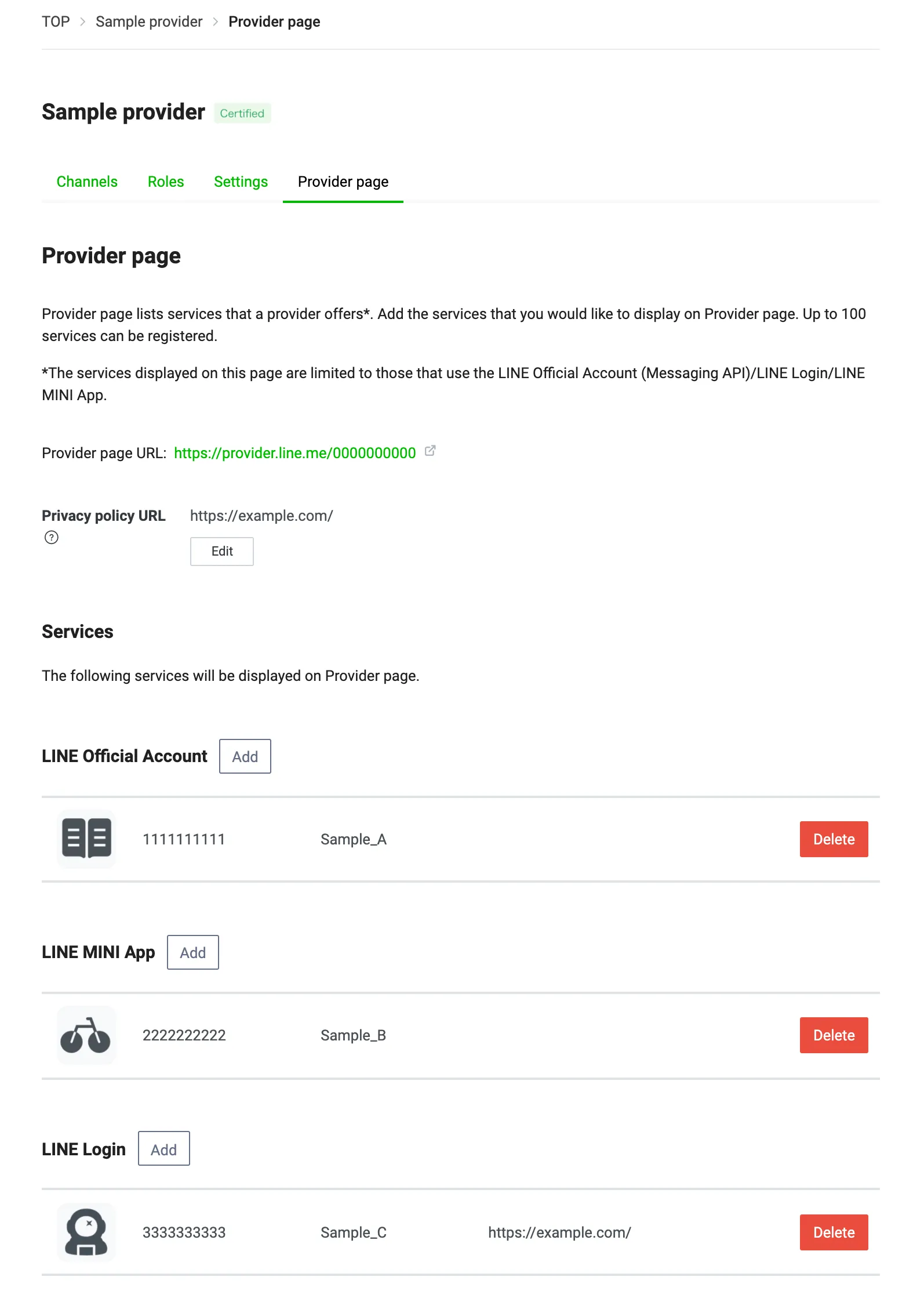 provider page settings screen